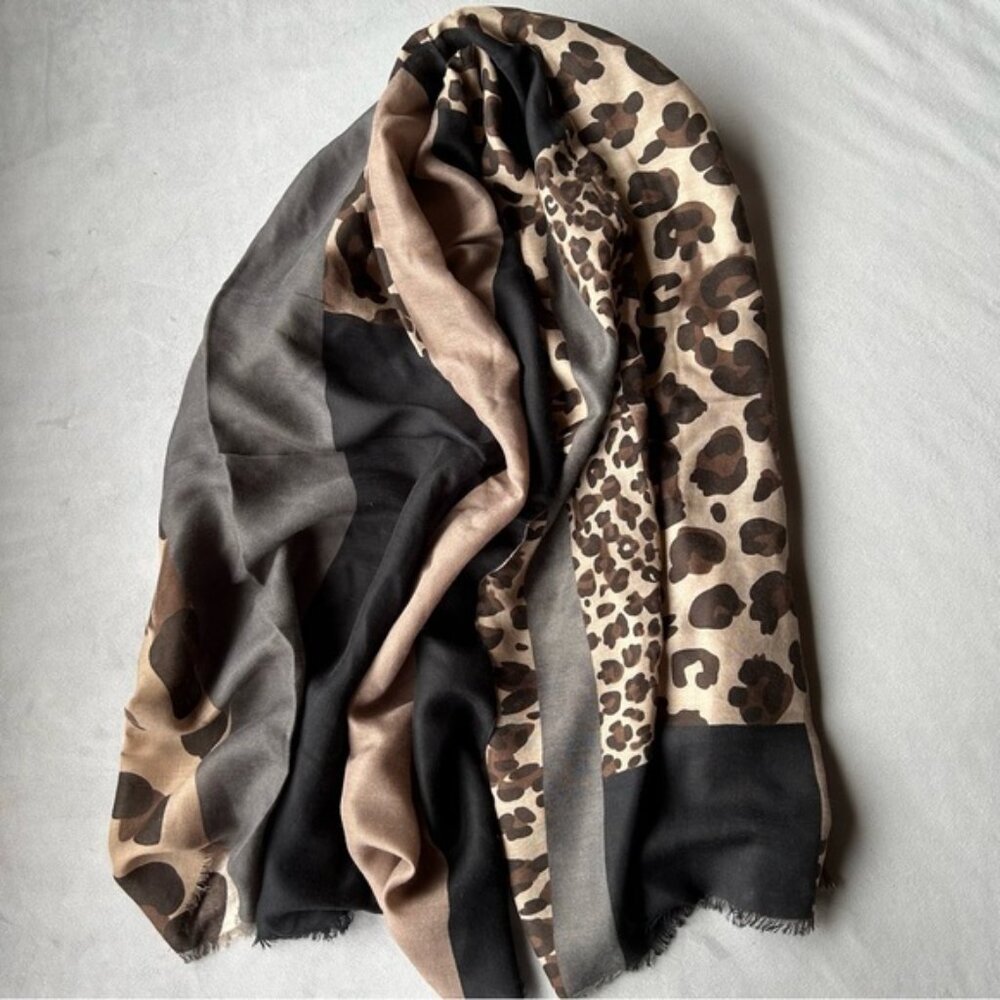 Animal Print Scarf ~ Brown Black Gray ~ Soft Fringe ~ Brand New - Picture 7 of 10